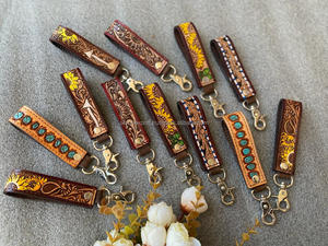 Stylish Hand Carved Tooled Leather Key Chains Embossed Floral Print Leather Key Rings Tooled Leather Accessories Cute Key Chains - Product Image 4