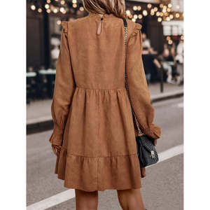 Mini Abito a Maniche Lunghe con Collo a Volant, Stile Dolce, Tinta Unita, Vita Elastica in Rete, ODM per Feste e Celebrazioni, Primavera Autunno - Product Image 2