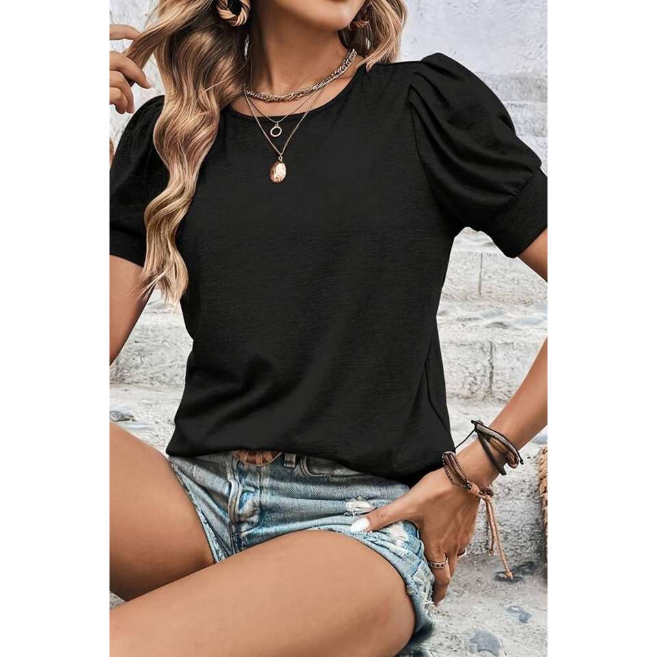 Short Sleeve Crew Neck Sleeve Detail Viscose Blouse Gray