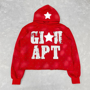 Sweat à capuche court en éponge française surdimensionné 100% coton pour hommes strass délavés au soleil lavé à l'acide hiver vente en gros personnalisé - Product Image 2