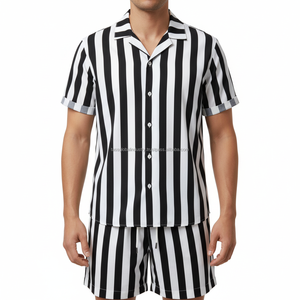 ชุดเซ็ตเสื้อผ้าผู้ชายลายทางสีดำขาวแบบ OEM สั่งทำพิเศษ - ชุดฤดูร้อน 2 ชิ้น - Product Image 2