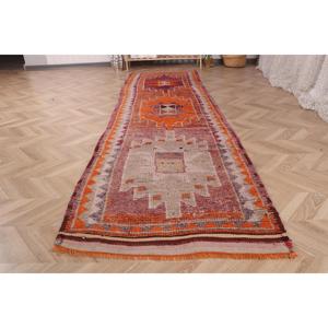 Vintage 2.9x10.4 ft Rug, <b>Runner</b> Turkish Rug, <b>Red</b> Brown Bordered Rug - Product Image 2