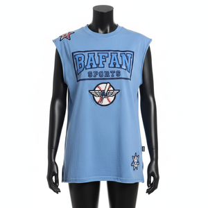 Camiseta sin Mangas para Mujer, Tela de Jersey de Algodón Premium, Transpirable, Color Azul, Apliques Bordados, Logotipo Personalizado, Camisetas de Algodón para Mujer - Product Image 6