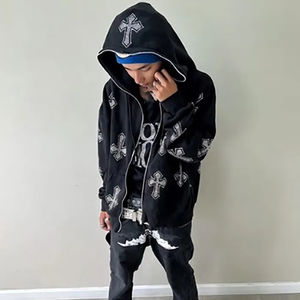 Logotipo personalizado 100% algodón francés Terry impreso rhinestone negro sudaderas con capucha hombres en blanco de gran tamaño de cara completa con cremallera Sudadera con capucha personalizada - Product Image 1