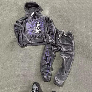 ชุดวิ่งจ๊อกกิ้งสไตล์สตรีทสูท2ชิ้นชุดวอร์มเปลวไฟและมีฮู้ดชุดวอร์มล้างกรดวินเทจสำหรับผู้ชาย - Product Image 5