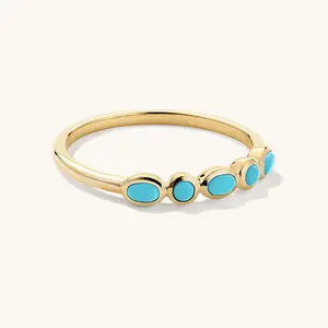 New Arrivals 925 Sterling Silver 14k Gold Plated Fashion Bezel Turquoise Gemstone Half Eternity Rings Jewelry Women