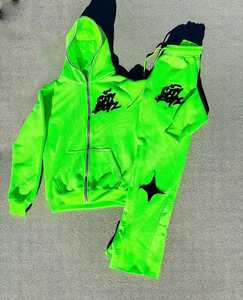 ชุดวิ่งปะติดซิปมีฮู้ดสีเขียวนีออนสำหรับผู้ชายผู้หญิงชุดวอร์มพิมพ์ลายเสือดาวสำหรับฤดูหนาวโลโก้แบบกำหนดเองได้สองชิ้น - Product Image 4