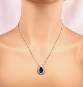Blue Diamond Pear <b>Necklace</b> Gold Plated Sterling <b>Silver</b> with Lab Created Diamond Halo Custom Charms - Product Image 3