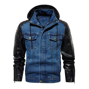 Chaqueta de tendencia superior para hombres, venta al por mayor personalizada, cuerpo de mezclilla, Mangas de cuero real, chaquetas de motorista con capucha Bomber con marca personalizada - Product Image 1