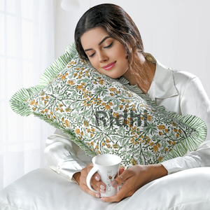 Funda de Almohada Lumbar RIDHI 12x20 con Estampado Floral de Color Amarillo Dorado, Impresión a Mano en Algodón, Personalizable, Extraíble, Lavable, Decorativa - Product Image 1