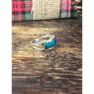 Navajo Made Sterling Silver <b>Ring</b> with Green and Blue <b>Opal</b> Size 8.75 - Product Image 4