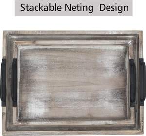 Plateaux de service alimentaires en bois rustique Lot de 2-Plate-forme d'affichage en bois imbriquée avec poignées en métal, décor de ferme vintage servant P - Product Image 3