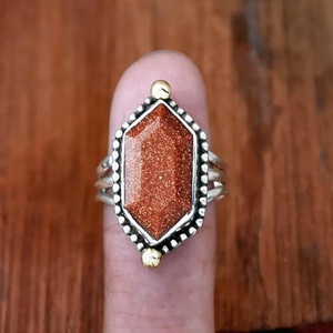Red Sunstone Triple Band <b>Ring</b> 925 Sterling Silver Beaded Hexagon Filigree <b>Statement</b> Goldstone Christian Religious Gift for Women - Product Image 3