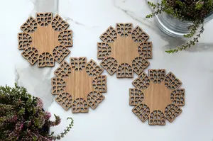 Posavasos de nogal Jodhpuri Inc Posavasos de madera redondos para bebidas tulipán Hecho a mano Art Deco Accesorios de decoración de mesa - Product Image 6