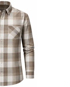 Camisa a Cuadros para Hombre, Manga Larga, Estilo Casual de Franela, Color Beige Marrón Claro, Fabricante Personalizado, Venta al por Mayor, OEM - Product Image 3