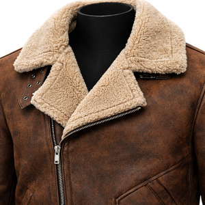 Chaqueta de cuero con cuello de piel de oveja marrón, abrigo de cuero con cremallera para invierno, chaqueta de cuero para hombre, cuero genuino de alta calidad - Product Image 3