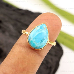 New Unique Natural Arizona Turquoise Ring 925 Sterling <b>Silver</b> 10x14mm Pear 18K Micron Gold Plated Eternity Vermeil Women Jewelry - Product Image 4