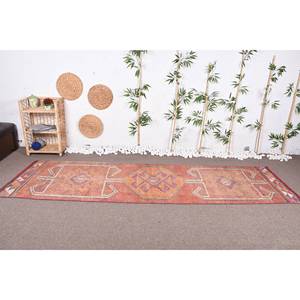 Alfombra Kilim de diseño turco vintage en naranja rojo 3x10,6 pies Material de lana viscosa con patrón de retazos de respaldo de látex para adolescentes - Product Image 2