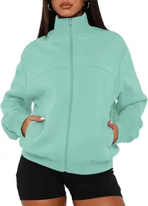 Light Green Women's Sports Zipper Jacket Straight Collar Plus Velvet Loose