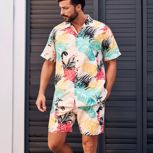 Vente en gros Ensemble 2 pièces vêtements pour hommes Chemise habillée Chemises à fleurs hawaïennes avec logo personnalisé Ensemble de t-shirts pour la plage boutonné - Product Image 5
