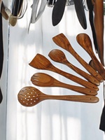 Ensemble d'ustensiles de cuisine en bois de qualité supérieure |   6 pièces d'ustensiles de cuisine antiadhésifs en bois naturel (cuillères, spatules, fourchettes) pour une utilisation quotidienne