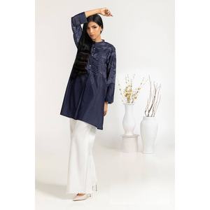 Túnica Azul Floral de Crepé Estampado para Mujer, Cuello Alto, Decoración de Encaje Bordado, Larga, Formal, de Gasa Tejida, para Oficina o Fiesta, Talla XL - Product Image 3