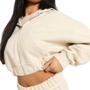 Ensemble survêtement oversize pour femme, sweat à capuche en coton zippé et pantalon de jogging marron à poches cargo, 2 pièces, 2026 - Product Image 1