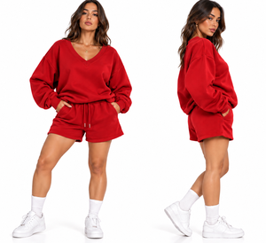 Ensemble survêtement décontracté 2 pièces en coton tricoté rose pour femme, col en V, coupe ample, avec cordon de serrage et poches - Product Image 6