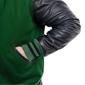 Blouson universitaire unisexe style américain en laine avec manches en cuir, fermeture éclair, coupe bomber, patchwork tactique uni - Product Image 6