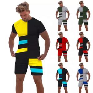 Traje de jogging de dos piezas informal personalizado para hombre, patrón sólido, manga corta, cintura elástica, camiseta de lana de alta calidad, conjunto de pantalones cortos, medio - Product Image 1