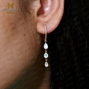Pendientes de piedras preciosas de Luna arcoíris naturales, joyería colgante de gota de diamante pavimentado, pendientes de tres gotas hechos a mano - Product Image 3