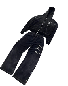 Conjunto de Sudadera con Capucha y Pantalones Cortos de Invierno Personalizado 100% Algodón con Pedrería, Lavado Ácido, Efecto Desgastado y Estampado Puff, Estilo Urbano con Cremallera - Product Image 4