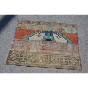 Vintage Turkish Rug 2.8 X 3.6ft <b>Red</b> Green Patchwork <b>Wool</b> Large Area for Entryway Hallway or Room Latex Backed - Product Image 3