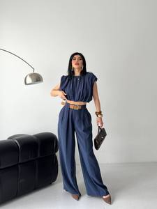 Ensemble deux pièces en satin pour femme, haut court sans manches et pantalon taille haute, bleu uni élégant, coupe ample avec ceinture, idéal printemps-été - Product Image 6