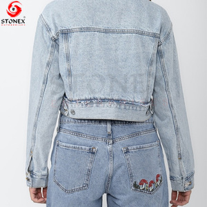Haute qualité femmes dernier style tenue décontracté solide motif haut veste jean co-ord ensemble à la mode coton Denim avec décoration - Product Image 4
