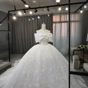 For OY001 Modern Elegant Scoop Neckline Chapel Train Long Skirt Lace <b>Appliqued</b> Flower Wedding <b>Dress</b> with Short Sleeves - Product Image 5