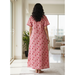 Robe de nuit 100 % coton imprimée à la main (motif Jaal), tissée douce, motif floral, fermeture boutonnée, taille 3XL, idéale pour les demoiselles d'honneur (ODM) - Product Image 3