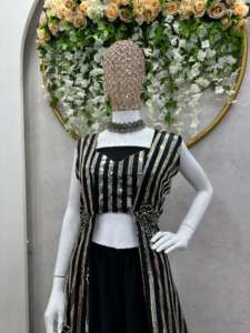 Premium 3 Piece Foux Gorgette Ensemble Fully Stitched <b>Shrug</b> with Thread Sequence Unstitched Choli with Micro Inner - Product Image 4