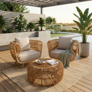 Natural Polished Rattan Garden Furniture Set Woven Armchairs <b>Round</b> Coffee <b>Table</b> <b>Patio</b> Setup Room Decor Art Pure Design - Product Image 4