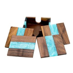 Sous-verre en bois et résine au design élégant avec support pour la vente en gros, sous-verre carré de haute qualité avec couleur bleue pour l'hôtel - Product Image 1