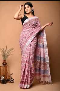 Custom Made 100% Linen Sarees Made From 100% Linen <b>Fabrics</b> with <b>Silk</b> Screen Printing Ideal for Resale by Clothing Designers - Product Image 3