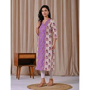 Robe droite en coton européen gris et violet imprimée au bloc, coupe ajustée - Product Image 6