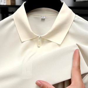 Polo Demi-zip pour Homme Beige Clair Respirant Décontracté Slim Fit Coton Stretch Col Classique Business Casual Tops - Product Image 5