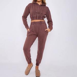 Manufacturer <b>Applique</b> Sweatsuit Acid Wash Cropped Hoodie and Sweatpants Set Tracksuit for Women - Product Image 3