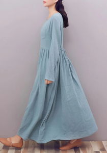 เดรสแม็กซี่แขนยาวมีกระดุมด้านหน้าสำหรับผู้หญิงเดรสลูกไม้หยักพิมพ์ลายคอกลมสวย - Product Image 3