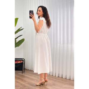Vestido Largo Blanco al por Mayor con Cuello con Volantes - Blanco - Product Image 4