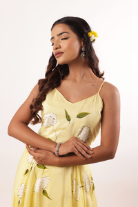 Premium elegante pintado a mano amarillo lima Modal seda Anarkali conjunto ligero Organza Dupatta mujer fiesta festiva desgaste indio - Product Image 4