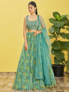 Lehenga DE BODA azul marino pesado con silueta plisada y estampado geométrico completo para fiestas - Product Image 5