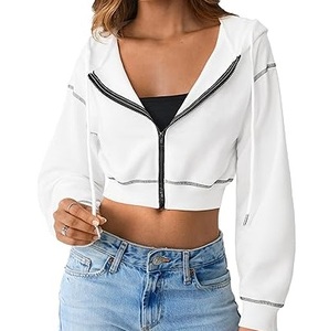 Sweat-shirt à capuche court zippé de qualité supérieure OEM, style streetwear, 100% coton, haut court pour femmes, sweat-shirts pour femmes - Product Image 1