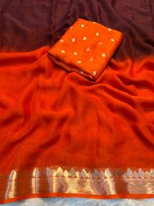 ผ้าซารีผ้าจอร์เจียต์แท้สำหรับผู้หญิง พร้อมส่ง ลายไล่เฉดสี แต่งขอบลูกไม้ ดีไซน์หรูหรา ผลิตในอินเดีย - Product Image 4